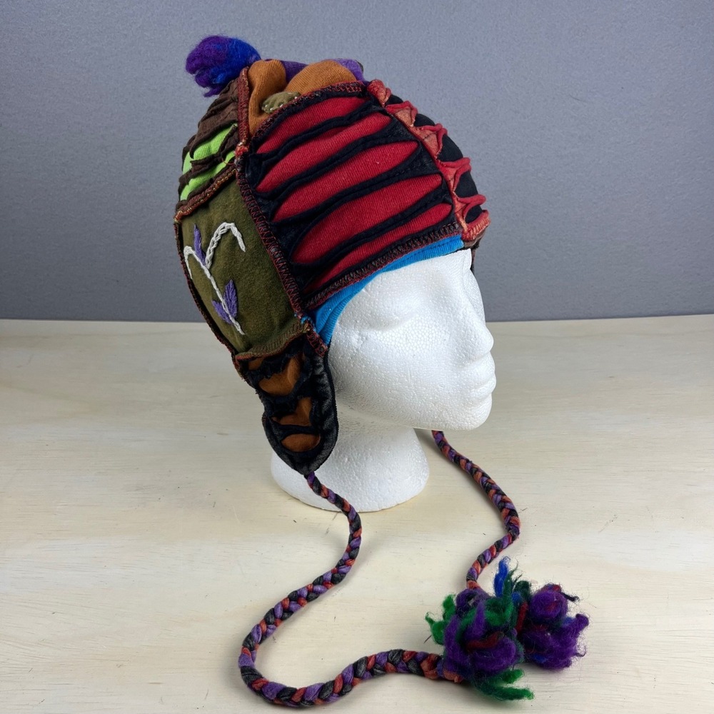 Bohemian Artisan Patchwork Earflap Hat Multi Color Embroidered Tassel Pom Beanie